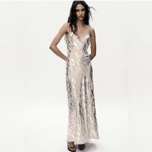 Zara foil metallic print long dress NEW
